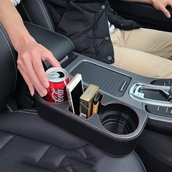 Leather Car Cup Holder & Organizer for Coins, Phone – Black